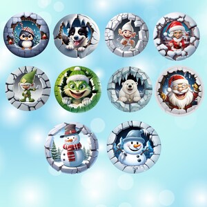 May include: A collection of ten circular stickers featuring festive characters including a penguin, a dog, elves, Santa Claus, Mrs. Claus, a green cat, a polar bear, and two snowmen, all depicted as if breaking through a cracked icy wall surface.