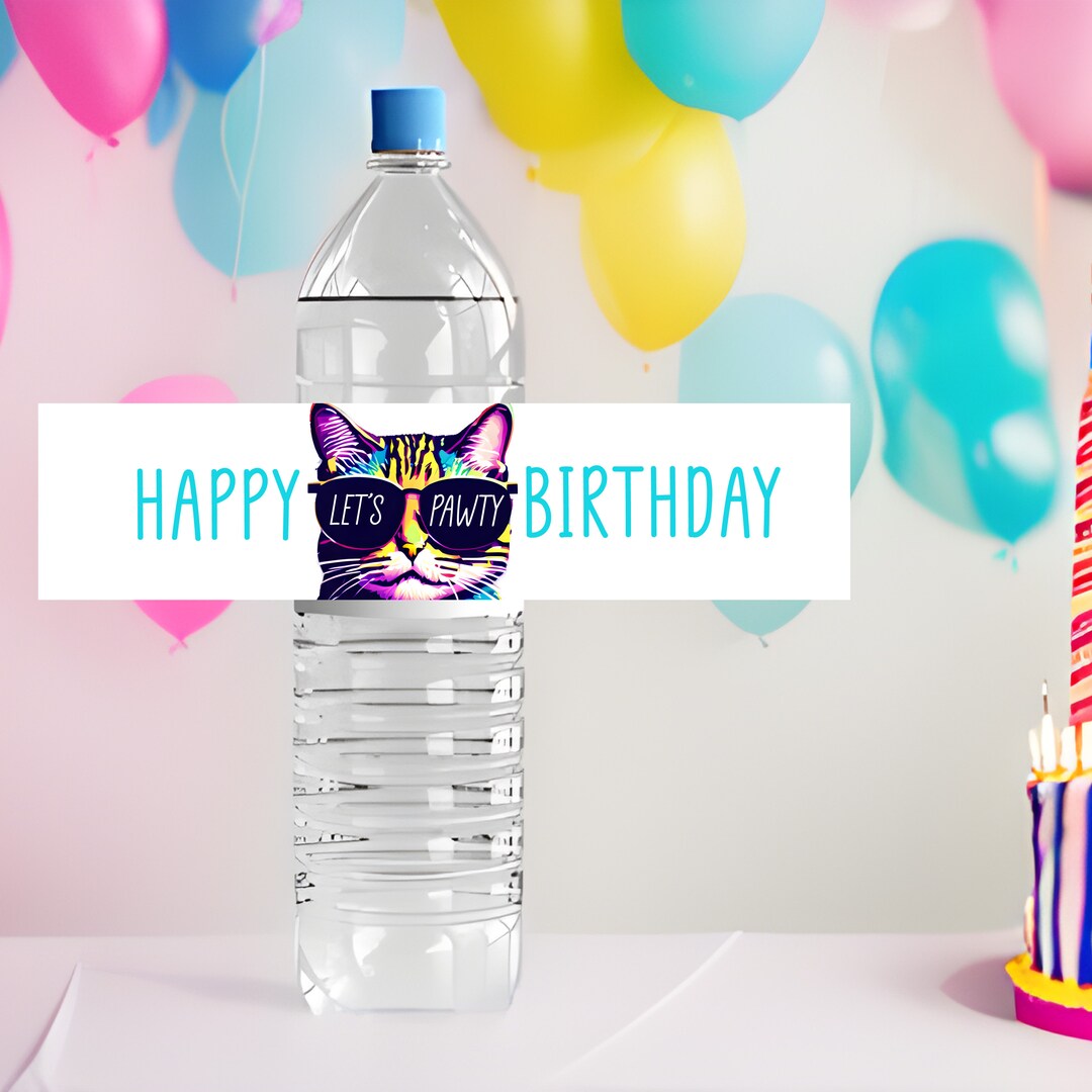 Water Bottle Labels PRINTABLE Funny Cat Birthday Party pawty Birthday ...