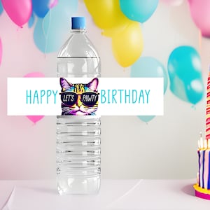 Water Bottle Labels PRINTABLE - Funny Cat Birthday Party  -Pawty Birthday Cat Party