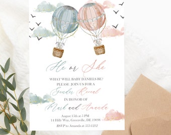 PRINTABLE Elephant Hot Air Balloon Gender Reveal Invitation – Editable Pink & Blue He Or She Watercolor Baby Shower Invite, Digital Download