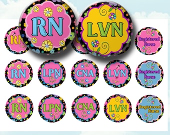 Nurse 1 Inch Circle Bottle Cap Images - RN, LVN, LPN, CnA Floral Bottlecap 1 Inch Circles For Badge Reels, Magnets, Keychains, Stickers