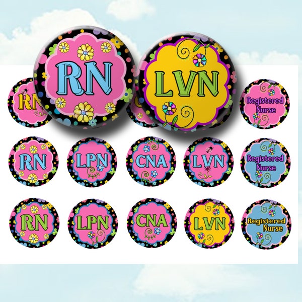 Nurse 1 Inch Circle Bottle Cap Images - RN, LVN, LPN, CnA Floral Bottlecap 1 Inch Circles For Badge Reels, Magnets, Keychains, Stickers