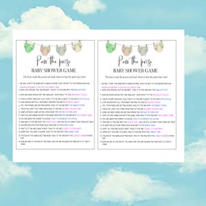 May include: A printable baby shower game with instructions for a "Pass the Prize" game. The game involves passing a prize around the group while reciting a rhyme. The instructions are printed in pink and blue text on a white background.