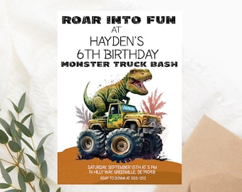 Dinosaur Monster Truck Birthday Invitation PRINTABLE - T Rex Birthday Invitation - Dinosaur Party Invitation