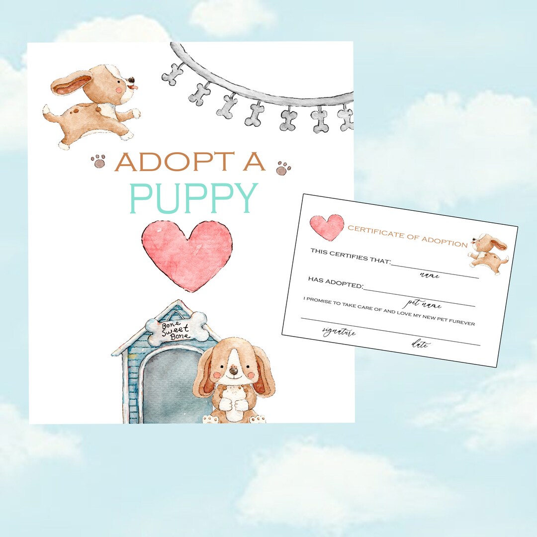 Dog Birthday Party Adopt A Puppy Sign and Puppy Adoption Certificate ...