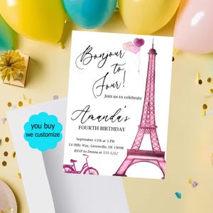 Paris 4th Birthday Invitation - Bonjour to Four - Pink Eiffel Tower Birthday Party