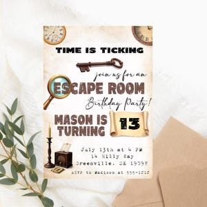 Uitnodiging voor feest Escape Room - afdrukbare mysteriespel uitnodigen - digitale puzzel thema verjaardag - bewerkbare sjabloon voor elke leeftijd viering