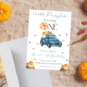 Our Little Pumpkin Is Turning One Invitation – Boy First Birthday Fall Invite – Blue Rustic Truck with Pumpkins – Printable Birthday Invite