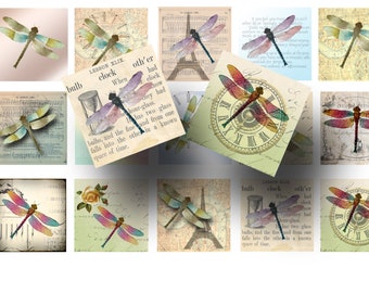 Dragonflies Printable Digital Collage Sheet - Dragonfly 1 Inch  Squares for Junk Journals,  Pendants, Key Chains, Magnets, Paper Crafts