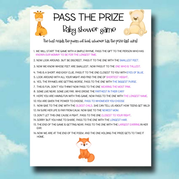 Pass The Prize PRINTABLE Baby Shower Game - Pass The Prize Rhyme Game - Gender Neutral Baby Shower Game