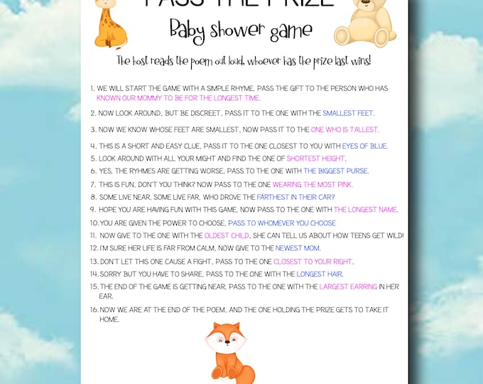 Pass the Prize PRINTABLE Baby Shower Game - Pass the Prize Rhyme Game ...
