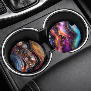 Set of two colorful agate car coasters with vibrant geode crystal patterns, round 3 inch design with side notch, sublimation PNG files for vehicle cup holders.