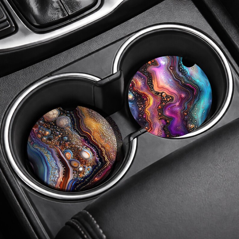 Set of two colorful agate car coasters with vibrant geode crystal patterns, round 3 inch design with side notch, sublimation PNG files for vehicle cup holders.
