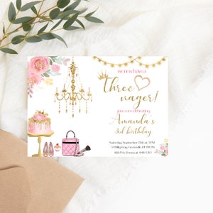 Editable Pink and Gold Glitter Threenager PRINTABLE Birthday Invitation – Little Miss  3rd Birthday Party Invite, Digital Download