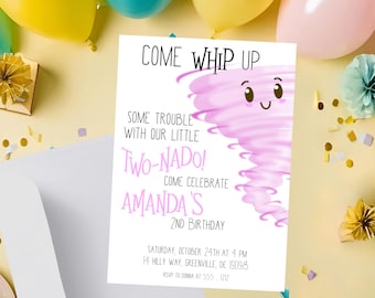 Tornado Birthday Party Invitation PRINTABLE - Pink Two-Nado Birthday Party - Second Birthday Invitation For Girl