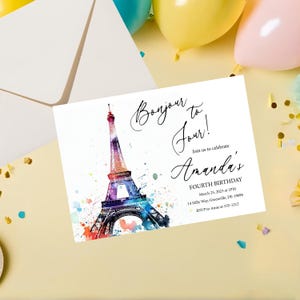 Paris Birthday Invitation: Eiffel Tower, Watercolor Design (5x7 Printable JPEG File)