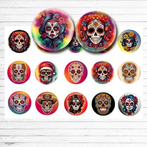 May include: A collection of colorful Day of the Dead themed buttons. Each button features a sugar skull design with intricate floral and decorative details. The buttons vary in size and color, with a white wooden background.