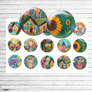 Bold whimsical folk art bottle cap images featuring colorful folk style designs in 1 inch printable circles for crafts and jewelry making.