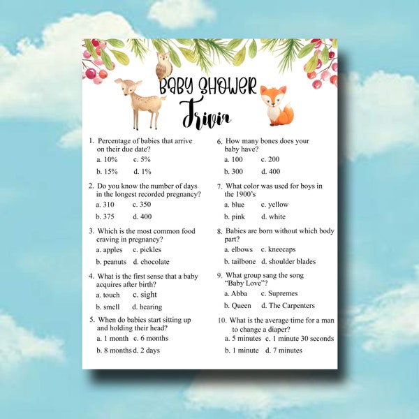 Baby Shower Trivia Game PRINTABLE With Woodland Animals - Gender Neutral Baby Shower Game - Woodland Animals Baby Shower