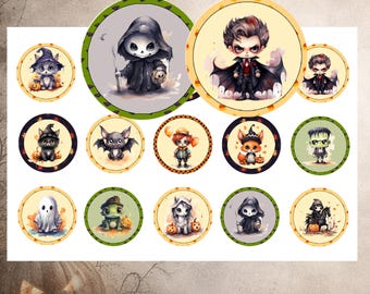Cute Creepy Halloween Bottle Cap Images - Spooky Kawaii 1 Inch Printable Circles - Digital Collage Sheet For Hairbow Centers, Stickers