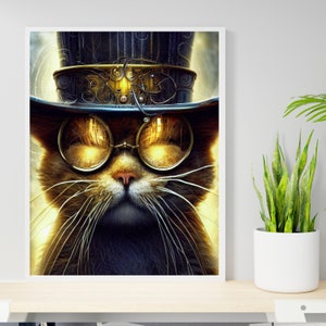 Victorian  Steampunk Cat Art Print PRINTABLE- AI Generated Digital Cat Art - "Clockwork Feline: A Steampunk Adventure in Yellow"