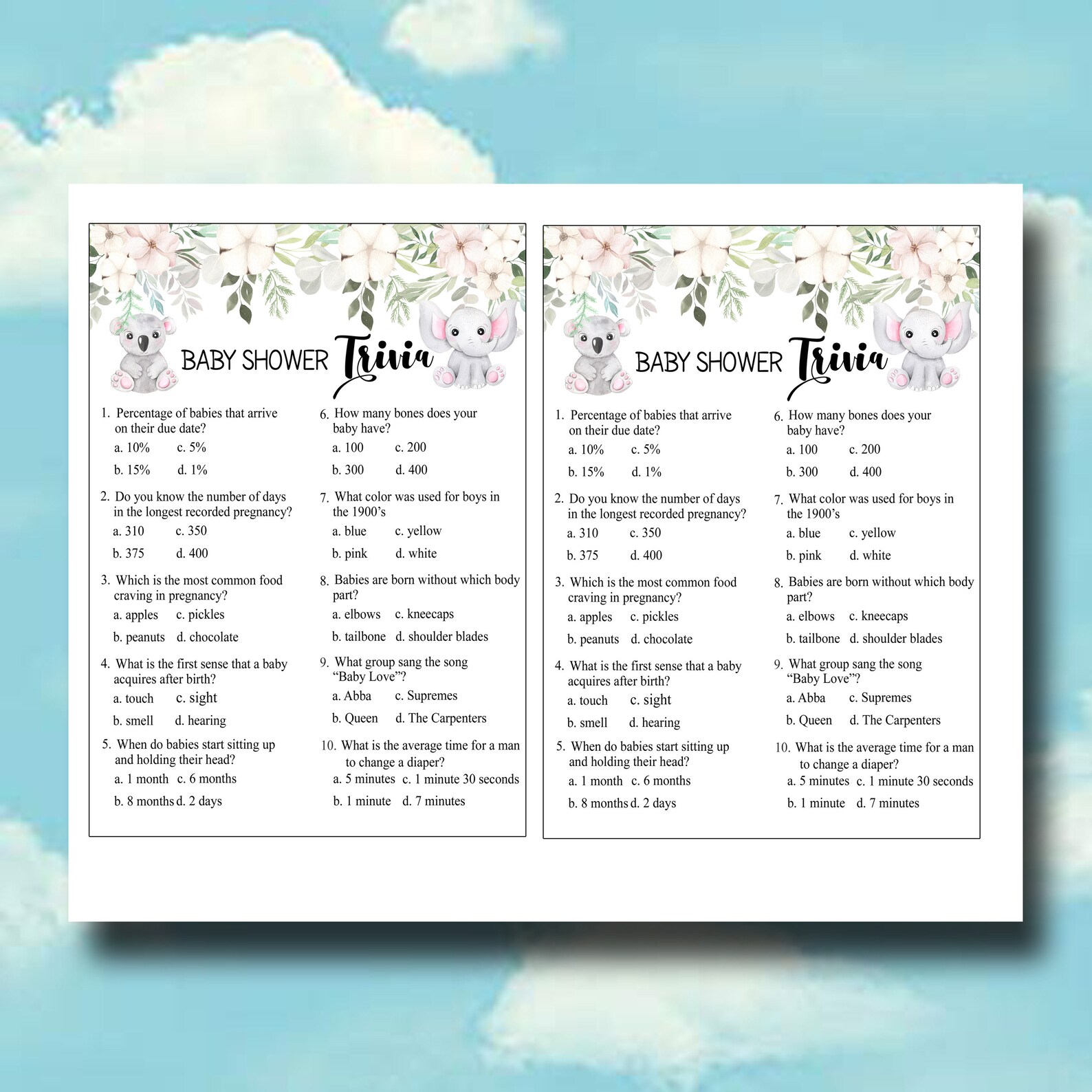 Cute Baby Animals Baby Trivia PRINTABLE Baby Shower Game Etsy