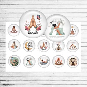 Pastel yoga bottle cap sheet featuring yoga poses and quotes in soft pastel colors, perfect for crafts, jewelry, scrapbooking, and DIY projects