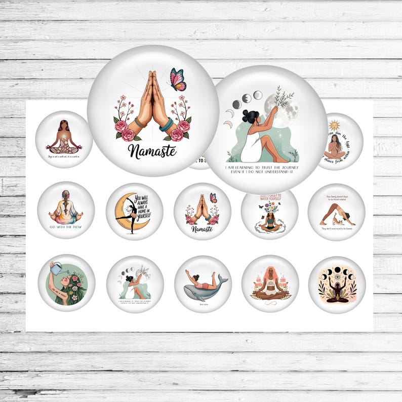 Pastel yoga bottle cap sheet featuring yoga poses and quotes in soft pastel colors, perfect for crafts, jewelry, scrapbooking, and DIY projects