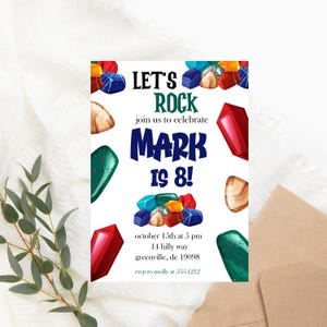Faire-part d'anniversaire Let's Rock - fête de la géologie imprimable - invitation d'anniversaire de pierres précieuses pour les enfants - modèle modifiable - thème roche et minéral