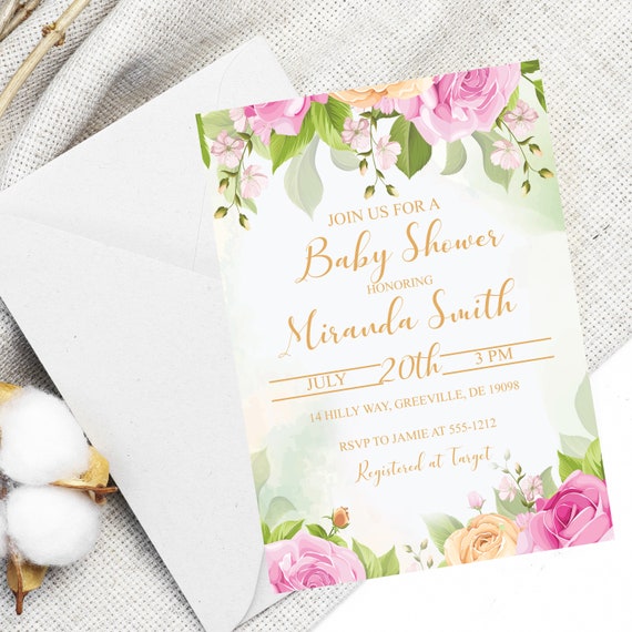 Floral Baby Shower Invitation PRINTABLE Pink Roses Baby | Etsy