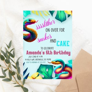 Convite de aniversário com cobras e bolo – Convite colorido para festa de répteis – Tema de cobra editável – Convite de aniversário infantil para impressão