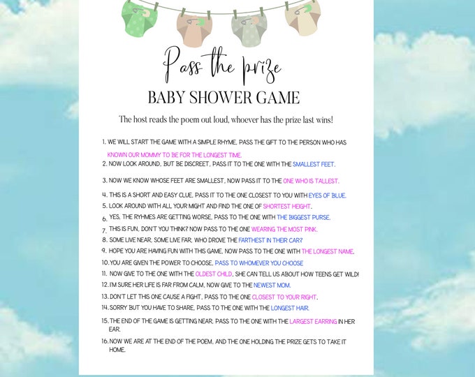Pass the Prize PRINTABLE Baby Shower Game Pass the Prize Rhyme Game ...