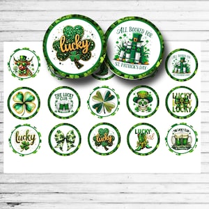 May include: A collection of St. Patrick's Day themed round stickers. Designs include shamrocks, the word "lucky", and the phrase "All Booked for St. Patrick's Day". The stickers are green and white.