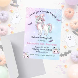 May include: A Halloween-themed invitation card featuring a unicorn wearing a witch hat, bats, and spiderwebs. The text reads "Join us for a too cute to spook" and announces a birthday party.