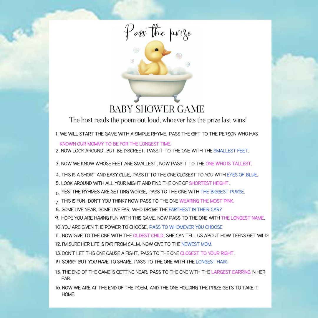 Pass the Prize PRINTABLE Baby Shower Game - Rubber Ducky Theme Pass the ...