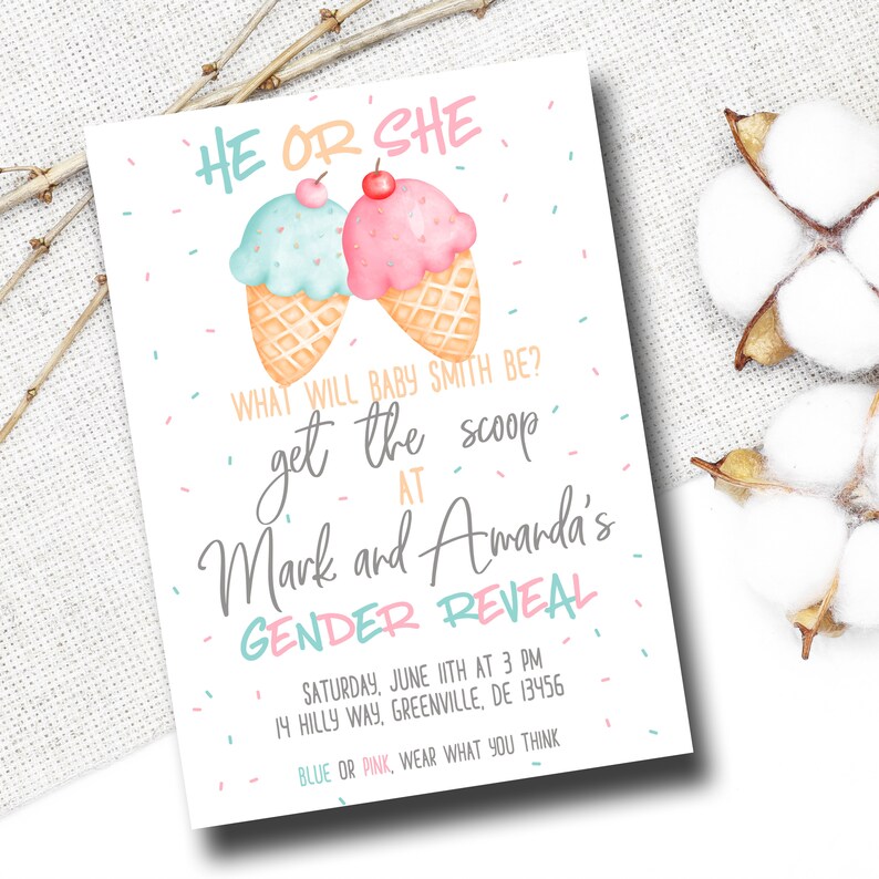 Ice Cream Gender Reveal Invitation Watercolor Ice Cream Gender Reveal Invitation PRINTABLE Gender Reveal Invitation