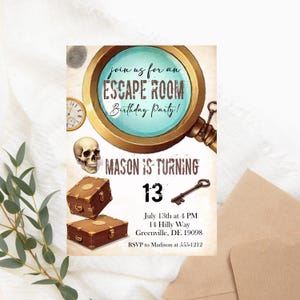Uitnodiging voor feest Escape Room - afdrukbare mysteriespel uitnodigen - digitale puzzel thema verjaardag - bewerkbare sjabloon voor elke leeftijd viering