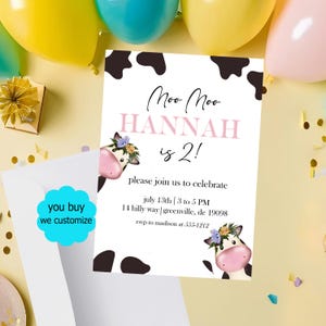 Moo Moo I’m Two Birthday Invitation - Funny Cow Party Invite - Girl’s 2nd Birthday Digital Printable