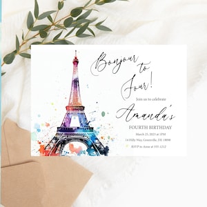 Bonjour to 4 Birthday Invitation - Invitation d'anniversaire sur le thème de Paris - Invitation imprimable de fête de la Tour Eiffel - Design aquarelle modifiable de 5 x 7