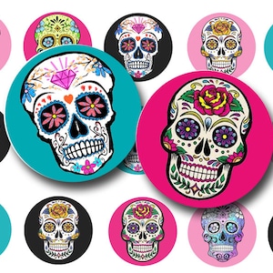 May include: A set of 12 round stickers featuring colorful sugar skull designs. Each sticker has a different design with various colors, flowers, and patterns.