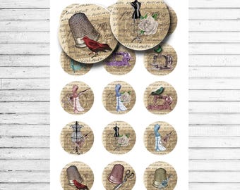 Vintage Sewing Machine Bottle Cap Images – Printable 1 Inch Circles – Antique Ephemera Style Digital Collage Sheet for Crafts, Junk Journals