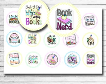 Book Lover Bottle Cap Images – Watercolor Reading Quotes & Literary Designs – 4x6 Printable Collage Sheet