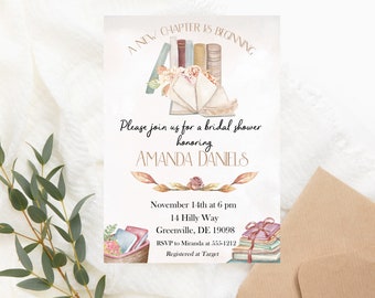 Book Bridal Shower Invitation PRINTABLE - A New Chapter Begins Invite - Book Lover Shower Invitation -  Library Shower