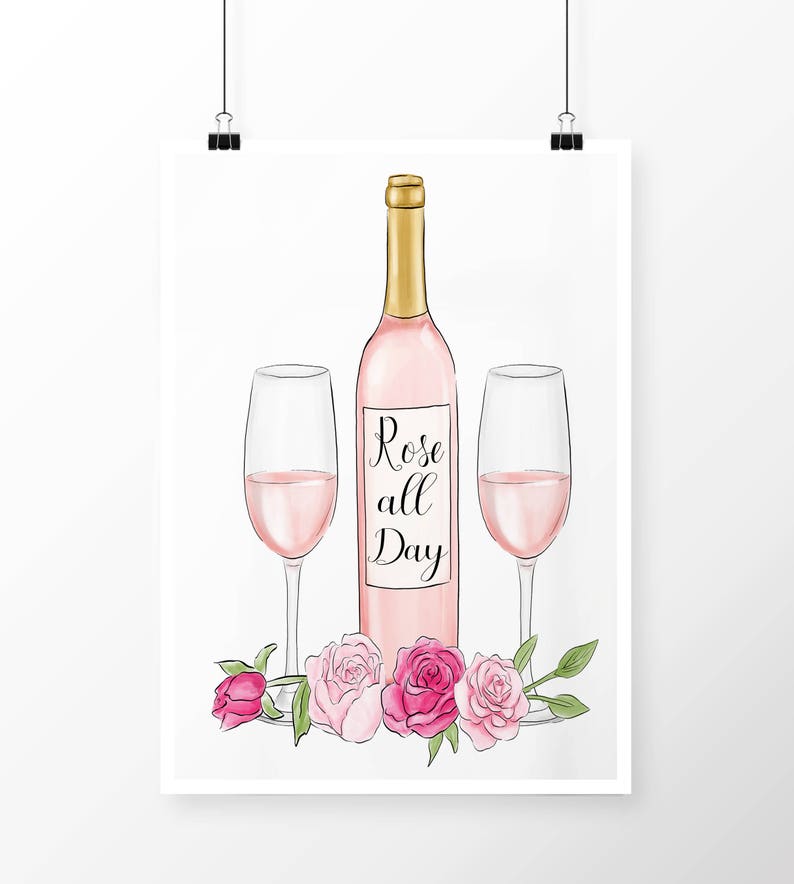 Rose All Day Wine Print Bar Cart Art Wine Quote Sign Etsy