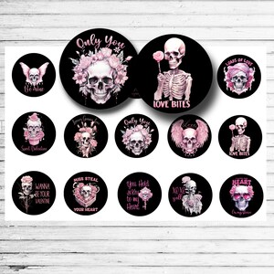May include: A collection of black circular stickers featuring skull designs with floral accents and phrases like "Only You," "Love Bites," and "Be Mine." The skulls are in shades of white and pink.