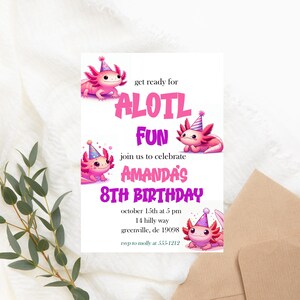 Convite de aniversário de axolote rosa – Alotl divertido, modelo editável para impressão – Festa de animais aquáticos fofos – Convite de aniversário subaquático para meninas