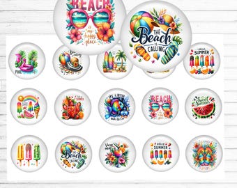 Summer Quotes Bottle Cap Images - 1 Inch Circles - Summer Beach Collage Sheet Printable