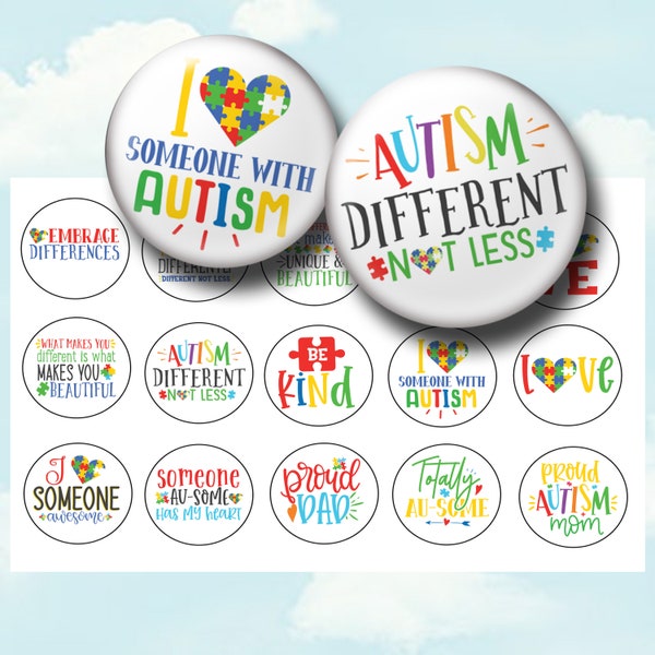 Autism Awareness 1 Inch Circles Bottle Cap Images - Autism Circles For Badge Reels, Stickers, Key Chains, Magnets, Hair Bow Centers