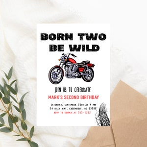 Motorcycle Second Birthday Invitation - Born Two Be Wild Invitation PRINTABLE