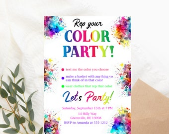 Rep Your Color Party Invitation – Printable Digital Invite for Teen Birthday, School Spirit, Color Wars, Sorority, or Color-Themed Party